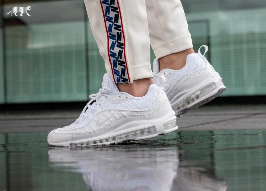 Nike Air Max 98 Triple White on feet via asphaltgold Dead Stock