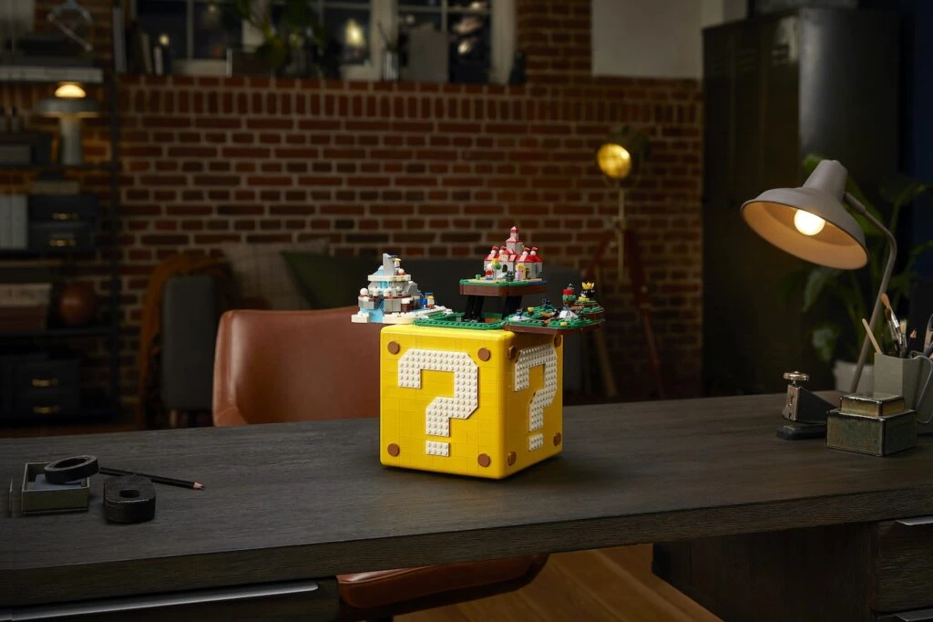 A LEGO Nintendo Super Mario 64 Question Mark Block 