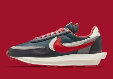 Undercover x Sacai x Nike Waffle Midnight Spruce and University Red
