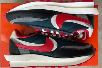 Undercover x Sacai x Nike Waffle Midnight Spruce and University Red