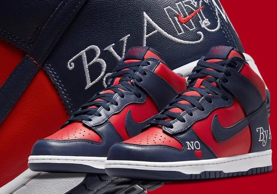 Supreme x Nike SB Dunk High Red Navy By Any Means Dead Stock