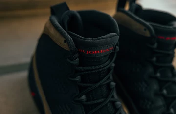 Jordan 9 Olive Varsity Red Mood Closeup