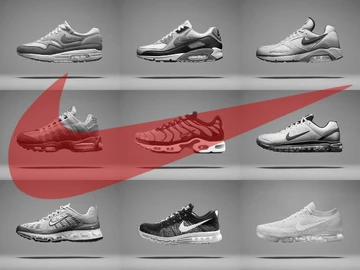 Viele Air Max Modelle auf einem Bild, es ist grau und darauf ist ein großer roter Swoosh zu sehen