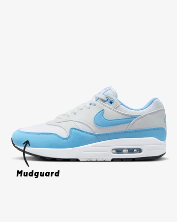 Auf dem Bild sieht man den Mudgard beim Air Max 1 in Blau, ein Pfeil zeigt genau wo sich der Part befindet.