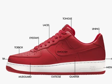 Ein Air Force 1 in Rot mit vielen eingeblendeten Erklärungen, wie die einzelnen Parts heißen