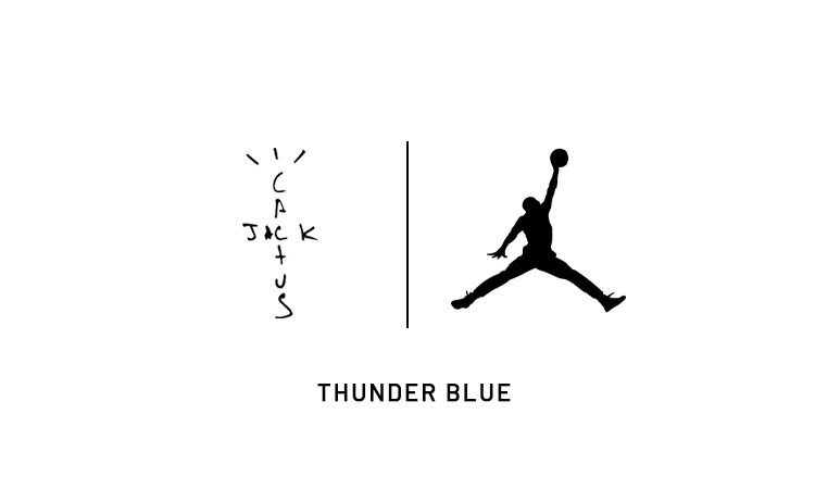Das Cactus Jack und Air Jordan Logo und der Schriftzug Thunder Blue