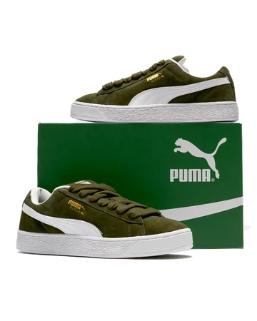 Der Puma Suede XL Olive Green steht auf einer Box