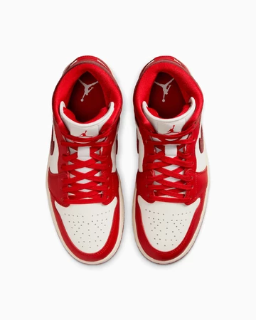 Jordan 1 Mid Red Cracked Leather Paar von oben