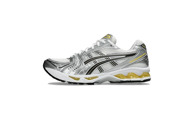 ASICS Gel-Kayano 14 White Tai Chi Yellow Titelbild auf weißem Hintergrund