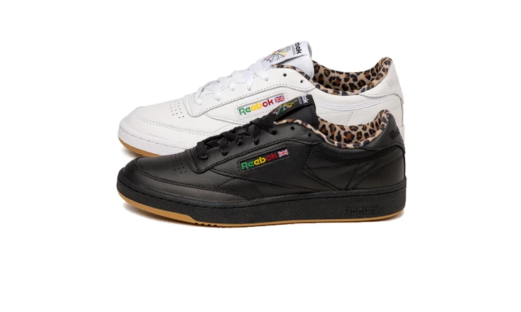 Das Wacko Maria x Reebok Club C 85 Leopard Pack von der Seite auf weißem Hintergrund von der Seite